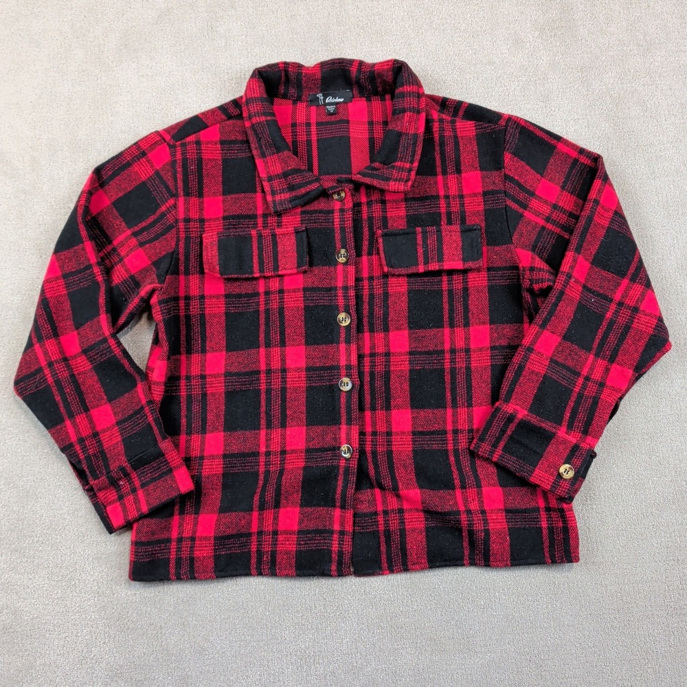 Rainbow Grunge Buffalo Plaid Shacket Medium Red Black Button Up Shirt Jacket